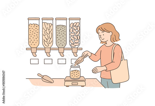 flat vector handdrawn soft palette clean outlines white background zero contain refill shop scene gravity tubes jar on scale scoops label cards blank tote no logos