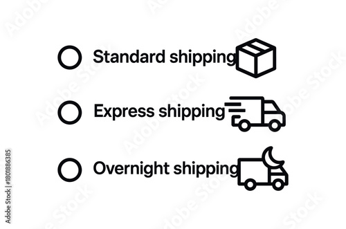 Shipping method radio buttons black silhouette with circle and label line accents delivery UI form element