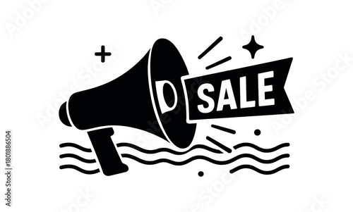 Megaphone with sale announcement black silhouette with wave and icon line accents attention banner element