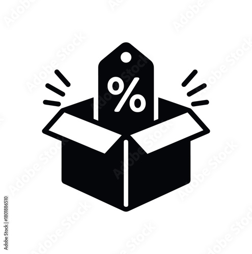 Open box with discount tag inside black silhouette with flap and line accents gift or promo packaging