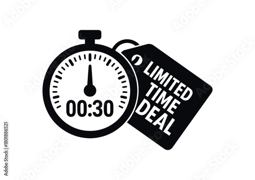 Countdown timer with price tag black silhouette with dial and number line accents limited time deal element