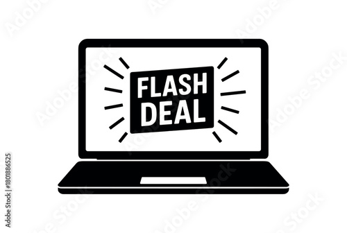 Laptop with deal banner black silhouette with screen and promo line accents digital offer visual