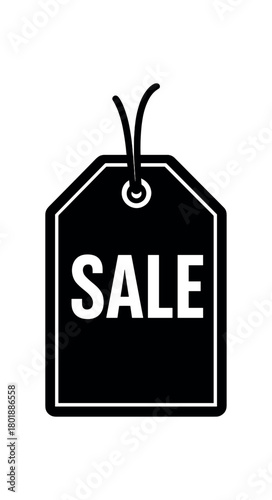 Hanging label with bold sale letters black silhouette with string and corner line accents seasonal campaign icon