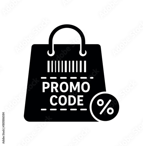 Shopping bag with promo code icon black silhouette with handle and barcode line accents checkout discount detail