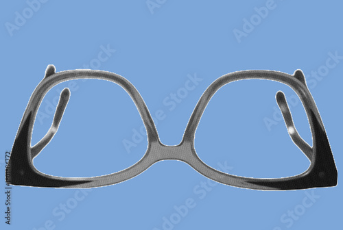close up of eyeglass frame pixelate grayscale color halftone dotted texture style collage element isolated on blue background