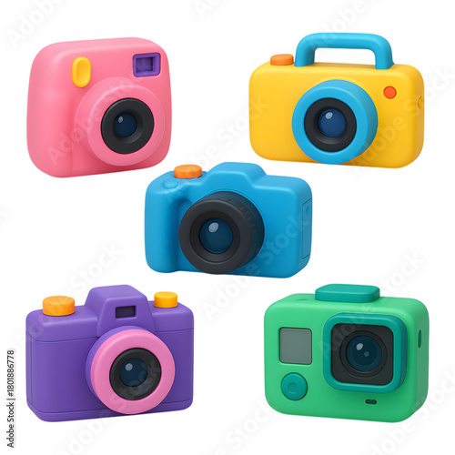 3d icon of collection of colorful toy cameras isolated on transparent background, perfect for kids