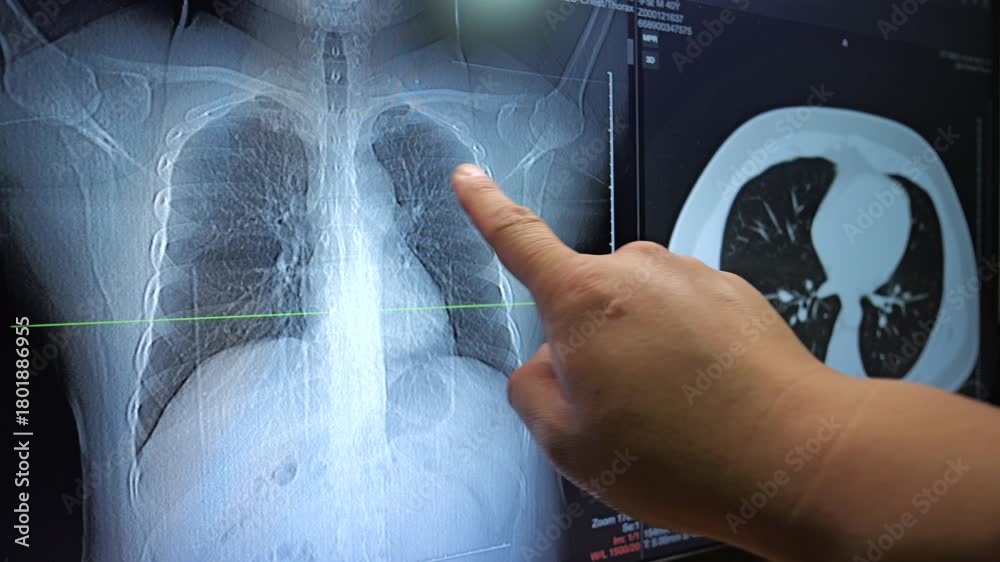 A doctor's hand points directly at a digital chest X-ray and CT scan ...