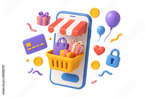 3d icon of online shopping on mobile phone with gift box and credit card isolated on transparent background