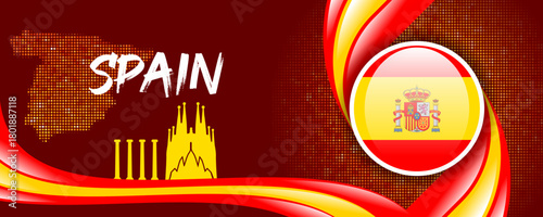 Spain Flag with Map and Famous Landmarks in Red and Yellow Abstract Background