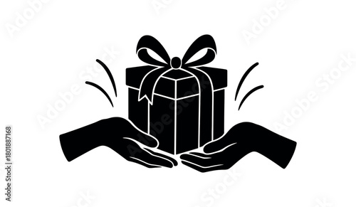 Hands holding wrapped gift box black silhouette with ribbon and curve lines giving moment visual