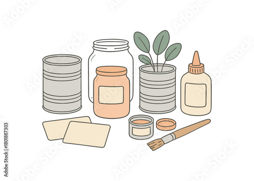 flat vector handdrawn soft palette clean outlines white background zero waste upcycle craft glass jars tin cans paint pot brush label cards blank glue no logos
