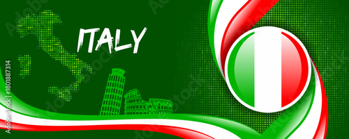 Italy Flag with Map and Famous Landmarks in Green, White, and Red Abstract Background