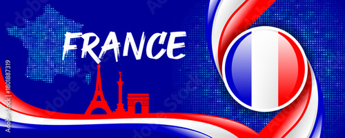 France Flag with Map and Famous Landmarks in Blue, White, and Red Abstract Background