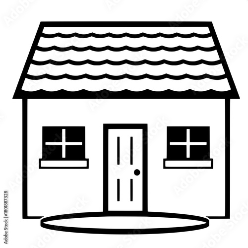 A minimalist black-and-white silhouette of a symmetrical house with a sharply angled roof, central door, and evenly spaced square windows, all designed in a clean, graphic icon style with bold lines, 