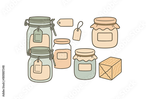 flat vector handdrawn soft palette clean outlines white background zero waste pantry storage glass jars clamp lids cloth covers wax wraps label tags blank no logos