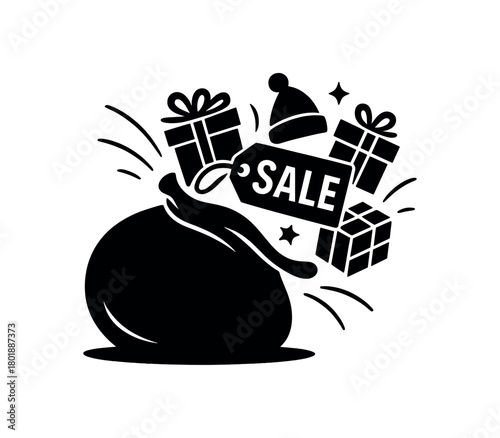 Santa sack with sale items spilling black silhouette with curve and parcel lines playful promo packaging