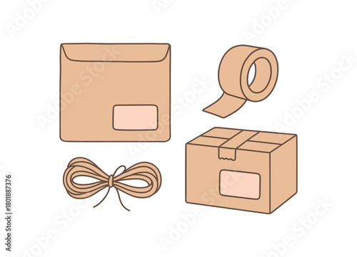 flat vector handdrawn soft palette clean outlines white background zero waste mail low waste paper mailer paper tape twine reused box label sticker blank no logos