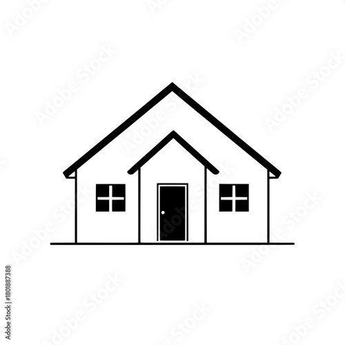 A minimalist black-and-white silhouette of a symmetrical house with a sharply angled roof, central door, and evenly spaced square windows, all designed in a clean, graphic icon style with bold lines, 