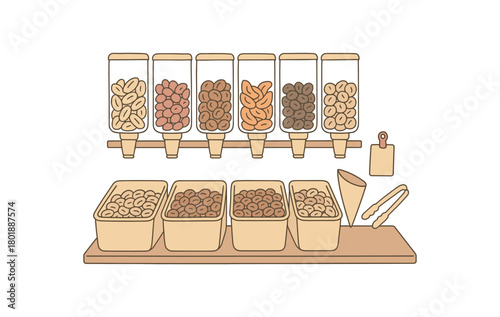 flat vector handdrawn soft palette clean outlines white background refill shop dried fruits bay tongs bins paper cone blank clip no logos