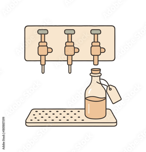 flat vector handdrawn soft palette clean outlines white background refill shop syrup taps glass bottle stopper spill tray tag blank no logos