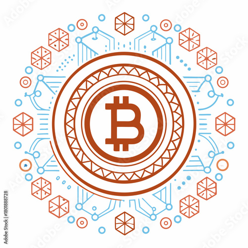 Modern Bitcoin Cryptocurrency Icon with Geometric Mandala Design for Blockchain Technology and Digital Finance Innovations, originally a scalable vector graphic