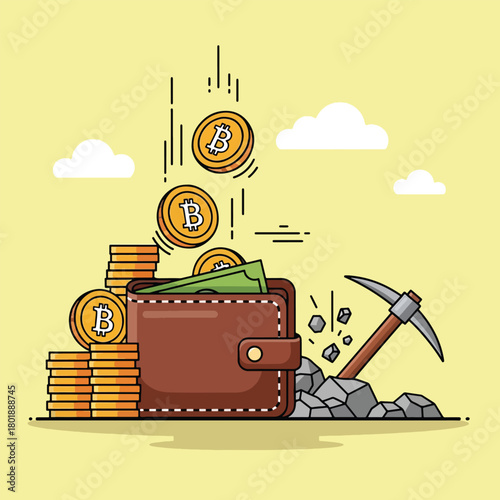Bitcoin Mining and Wallet with Falling Coins and Pickaxe.