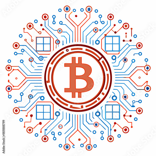 Modern Bitcoin cryptocurrency circuit design with a digital currency symbol, perfect for finance, investment, and blockchain technology themes