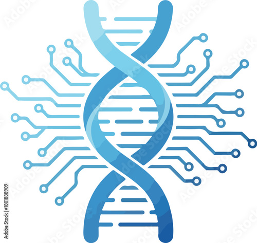 A blue gradient DNA double helix icon intertwined with circuit board lines on a white background, symbolizing health tech innovation.