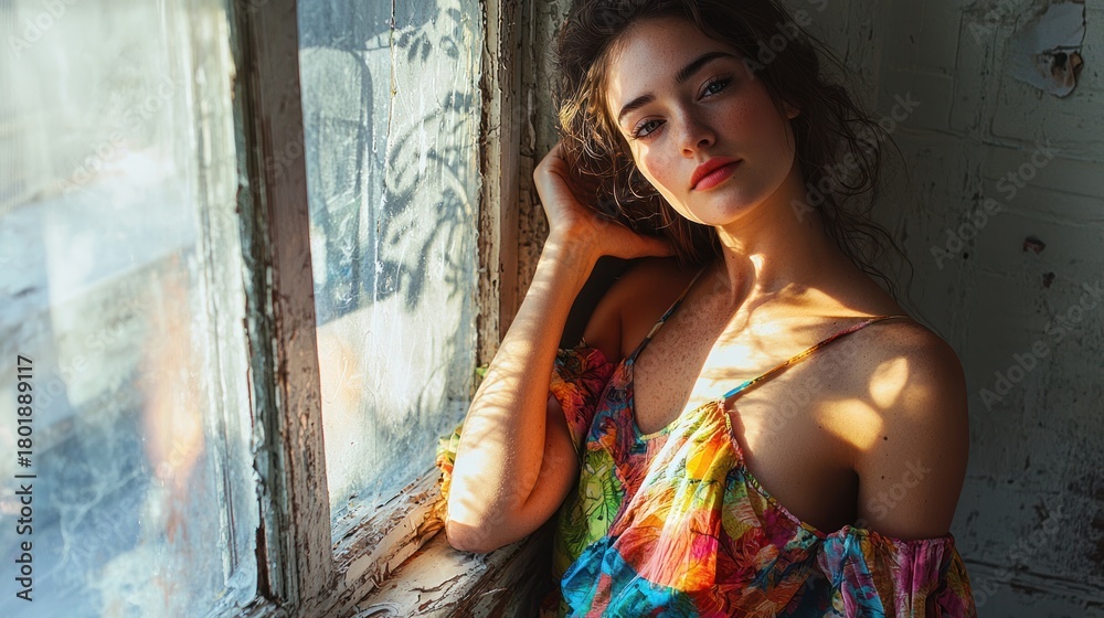 Obraz premium A creative women portrait in a colorful dress, with natural light streaming through the window.