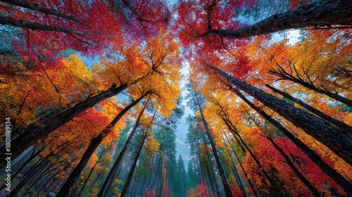 Looking up at vibrant autumn trees reaching for a blue sky in a scenic forest