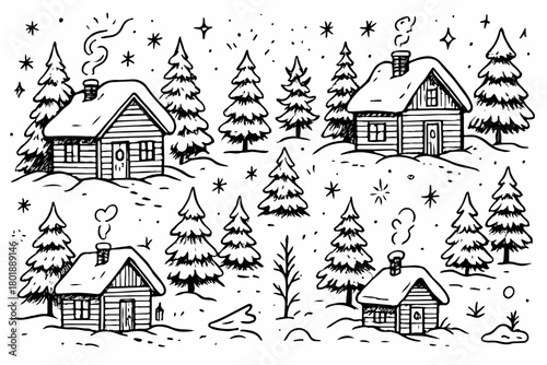 Hand-drawn doodle vector set of snow-covered cabins and trees created in a fun sketchy ink-pen style, AI, EPS, JPG, PNG, isolated on white background
