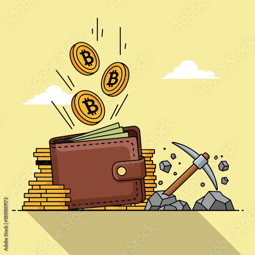Bitcoin Wallet Filled with Coins and Mining Pickaxe Symbolizing Cryptocurrency.