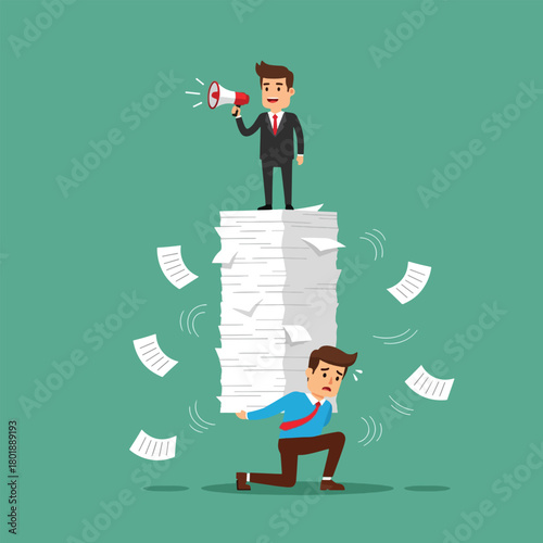 Businessman carrying heavy stack of papers while another shouts from atop.
