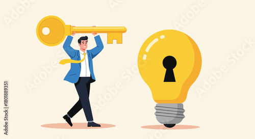 Businessman holding a large golden key next to a glowing lightbulb with a keyhole 1.