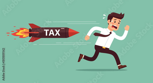 Businessman Fleeing from a Rocket Labeled TAX.