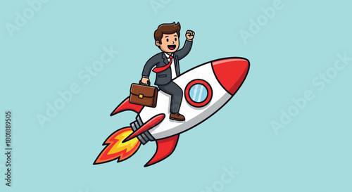 Businessman riding a rocket ship with briefcase and arm raised in celebration.