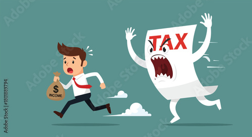 Cartoon businessman running from a monstrous tax document.