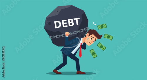 Businessman struggling under the immense weight of debt with money flying away.