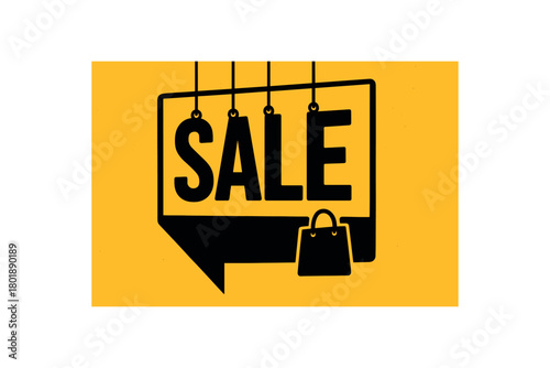 Store banner with bold sale letters black silhouette with hanging and fold line accents retail visual element