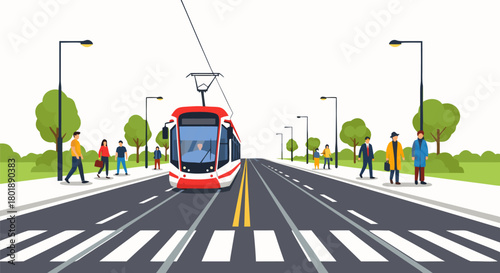 Modern City Transportation Electric Tram on Urban Road with Pedestrians