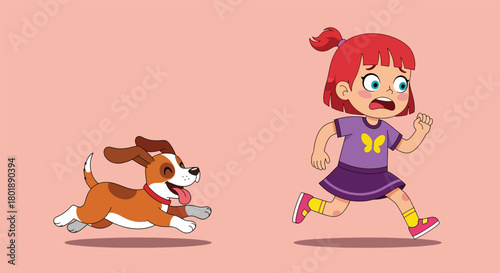 Cartoon girl with red hair running away from a playful dog.