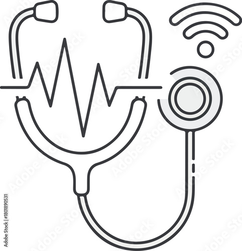 Line drawing of a stethoscope with an ECG heartbeat line and WiFi symbol on a clean white background, conveying a health tech icon concept.