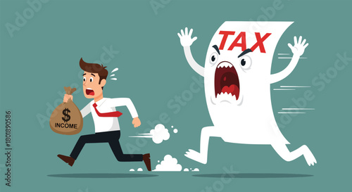 Cartoon man running from angry tax document monster.