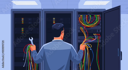 IT professional carefully connecting network cables in a server room with tools in hand, illustrating technical maintenance and data center operations