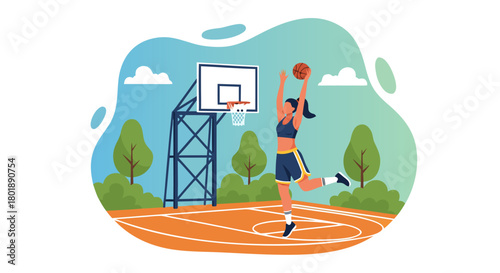 Dynamic Woman Player Ascends to Score a Basket in an Outdoor Basketball Court, Showcasing Athleticism and Determination