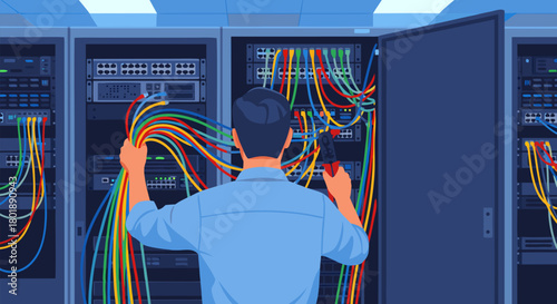 IT technician meticulously organizing a complex network of colorful cables within a server room, showcasing data center maintenance and connectivity management expertise