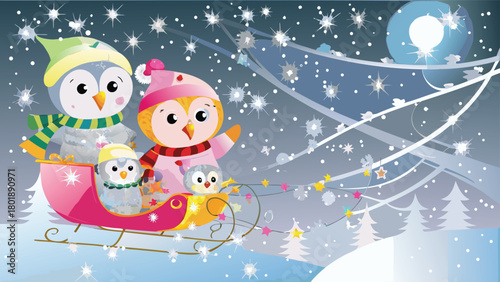Joyful children in a festive sleigh ride pulled by a cute chubby reindeer through a snowy winter landscape perfect for holiday and celebration designs