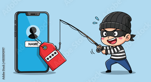 Cartoon thief fishing for personal data from a smartphone login screen.
