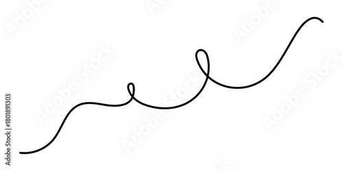 Wavy curly stroke one line art, hand drawn scribbly dividing element drawing continuous contour. Twiddle swirl separator curve strip with volutes and tendril design. Isolated. Editable stroke. Vector