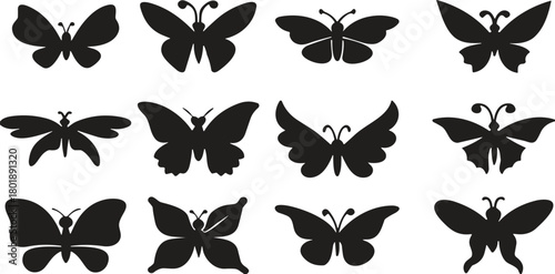 Butterfly silhouette collection featuring diverse wing shapes, elegant insect icons, decorative vector butterflies for nature designs, printable patterns, creative artwork